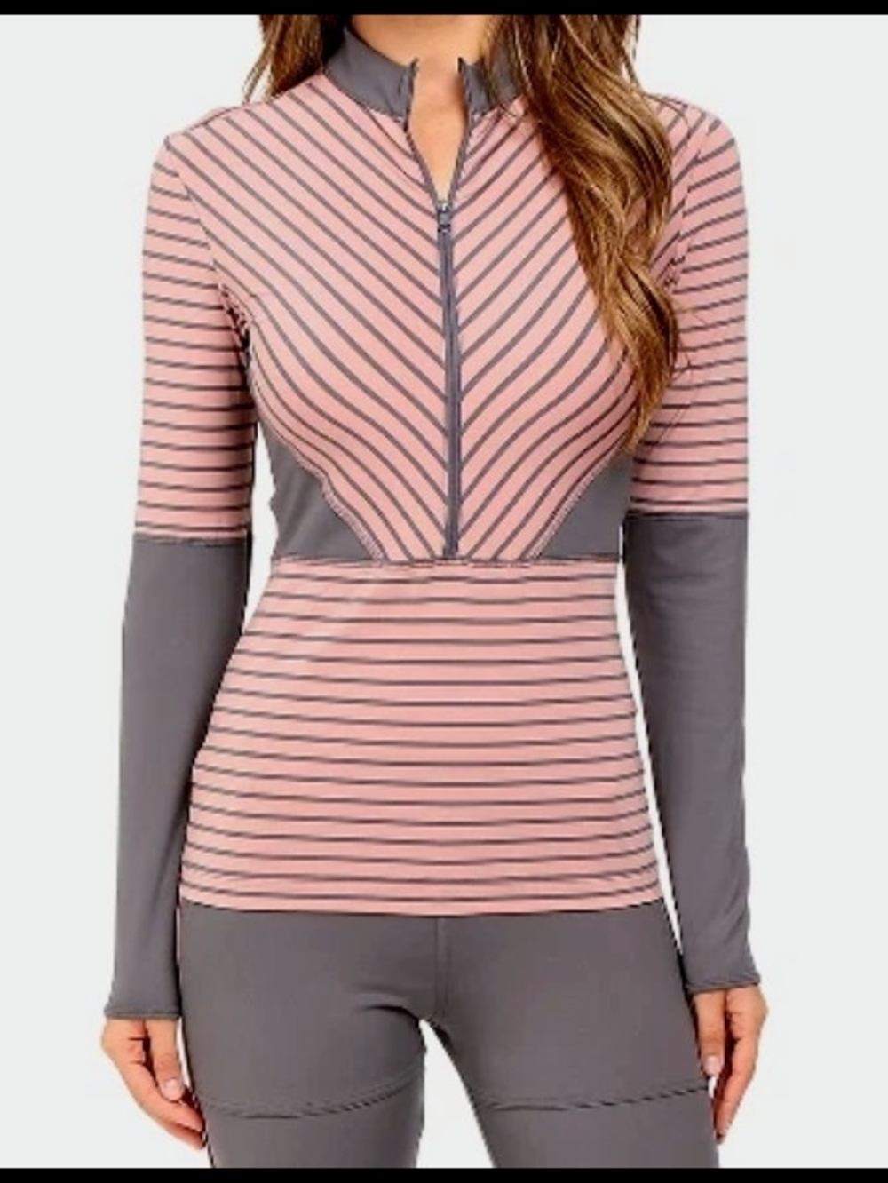 Adidas By Stella McCartney Pink and Gray Striped Long-Sleeve Zip Top